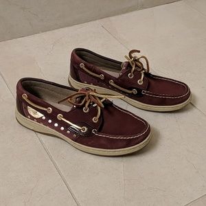 Sperry Bluefish plum gold polka dot boat shoe 7